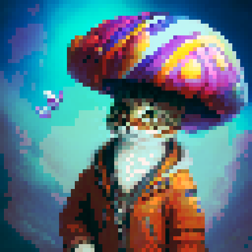 Whimsical, cartoonish, and colorful. Curious cat in a vibrant red and white striped hat, perched atop a rainbow-hued mushroom, surrounded by fluttering butterflies and towering toadstools.