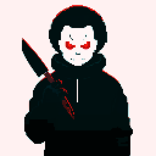 Michael Myers, dark silhouette, looming presence, blood-red eyes, pixelated horror, sRGB color palette, chilling atmosphere, knife-wielding figure