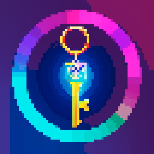 magical key, glowing with vibrant colors, surrounded by mystical symbols, rendered in intricate pixel art, against a background of dark sRGB hues

