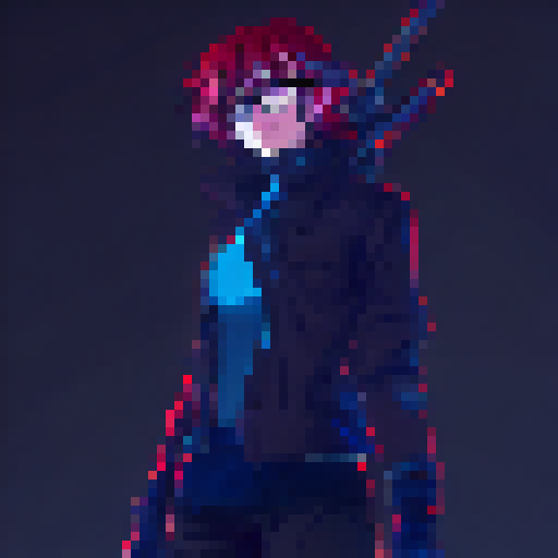 waifu, glasses , red hair , anime style, full body, with sword, blue and black neon background