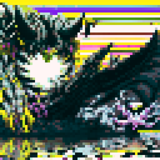 nakarkos sprite, menacing and towering, with eerie glowing eyes and skeletal fins, floating in a dark abyss surrounded by swirling purple mist, rendered in detailed and vibrant pixel art