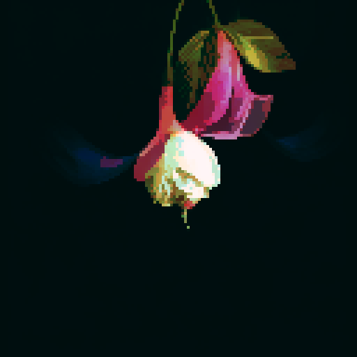 Fuchsia petals, vibrant and delicate, bloom in a pixelated landscape of blues and greens, with a serene background of a tranquil lake