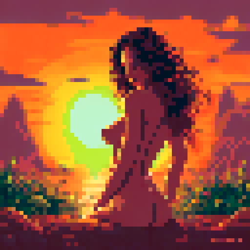 sexy beautiful model, green eyes, golden wet skin shining, orange sunset light, coy smile, tanned skin, black wavy shiny hair, 50mm portrait, sun, glamour, soft curves, ass, full wet lips, nude, nsfw, +18, sRGB, pixel art, background, landscape