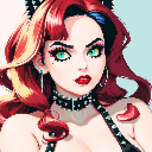 thicc, busty goth cat girl, long hair, eyeliner, red lipstick, studded collar, low cut halter top, up close face portrait, vibrant sega genesis palette, pixel art portrait, edgy aesthetic, pixel art, sRGB