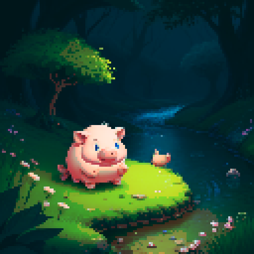old wise pig character , sitting next to a small stream flowing through a large field, in a dark fantasy text adventure RPG art style