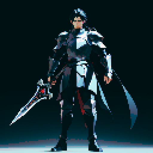 full-body image, male knight, man in black armor, giant sword, long black hair, sexy, male dark knight