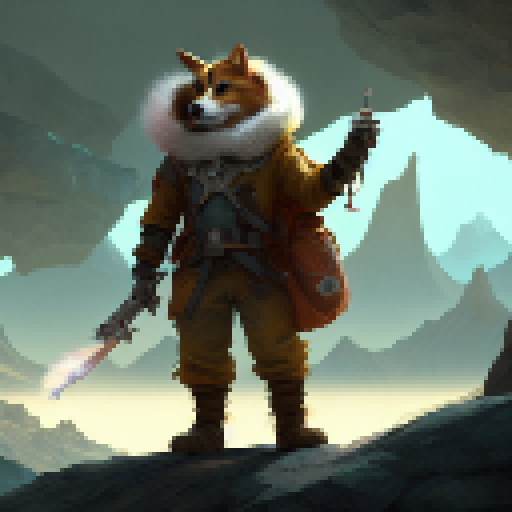 Corgi adventurer in explorer costume, wielding a lens, standing atop a mountain.