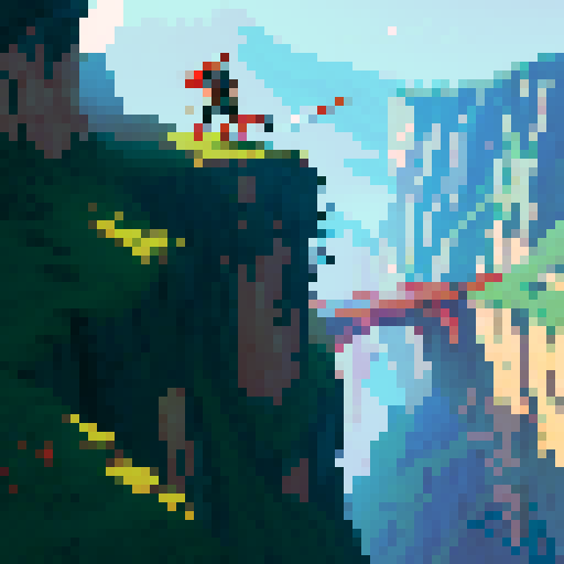 Mech robot with sword on a cliff. Cars are driving below 