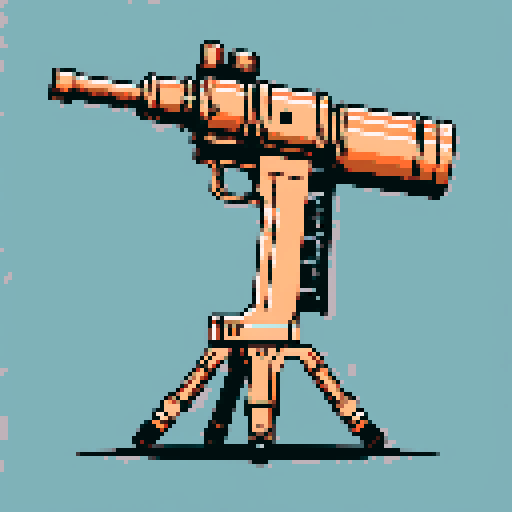 I want a tall vertical copper rotary minigun viewed from from the side. I want this object usable an asset in a videogame, meaning only one object per image, outlined with a strong black stroke, on a solid-color background.