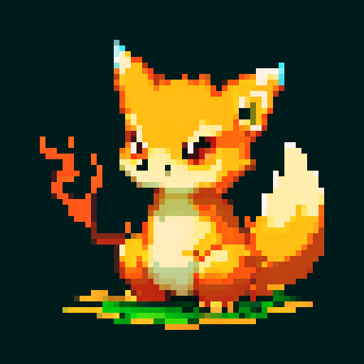medium-sized, fiery orange and yellow 'mon with a bushy flame tail, sharp claws, and a determined expression, depicted in detailed pixel art with vibrant sRGB colors. You created this stage 1 evolution mon for my fire type starter. Now please create the stage 2 evolution. It's medium sized and looks slightly more powerful