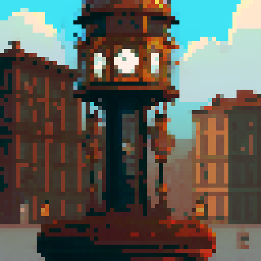 steam clock tower, tall and majestic, intricate gears and cogs, billowing steam, vibrant colors, nostalgic charm, pixel art