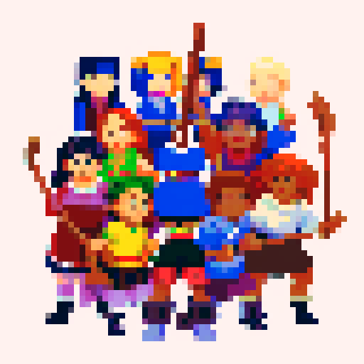 People of different races, holding broomsticks, posing for a portrait, forming a united front.