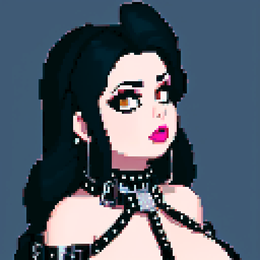 curvy, busty goth babe with studded collar. big titty goth wearing halter top, in a close up  glamour shot. 8-bit low resolution pixel art. modern tile backsplash.
