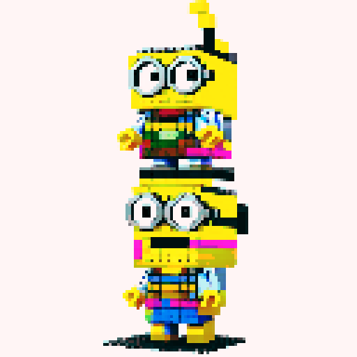Minions, pixel lego, vibrant colors, blocky forms, playful expressions, retro video game aesthetic, 8-bit graphics, square pixels, limited color palette, sRGB compression