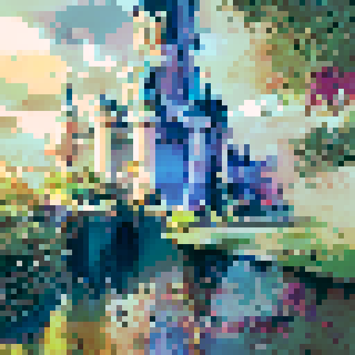 Majestic Disney castle nestled in lush greenery, framed by towering trees, with a shimmering moat and a bright blue sky in the background, rendered in a stunning landscape portrait style.