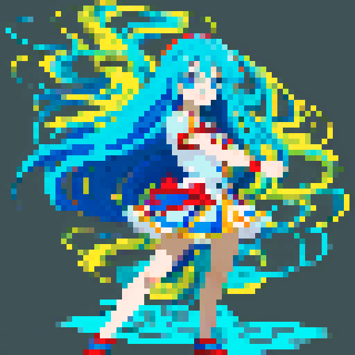 anime girl with long, flowing hair, bright blue eyes, and a mischievous smile, standing proudly in a revealing school unifor, with a 16 bit style that pops against the sRGB color palette
