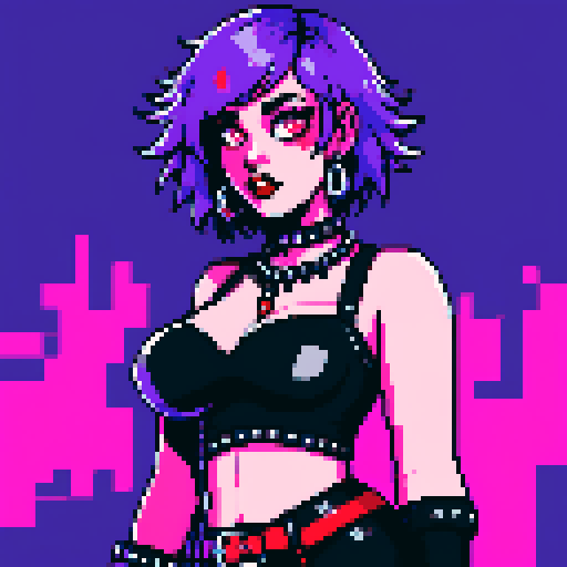 curvy, busty goth girl, purple hair, black eyeshadow, red lipstick, bikini, studded collar, sexy seductive glamour shot, vibrant sRGB colors, pixel art, edgy aesthetic