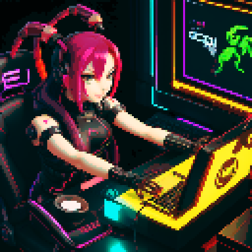 cute cyberpunk scorpion with human head, human head is from anime inspired character with vibrant hair, expressive eyes, and a playful smile, scorpion is playing computer games, tables with potato chips and coca cola, scorpion's tail should be fully in the picture
