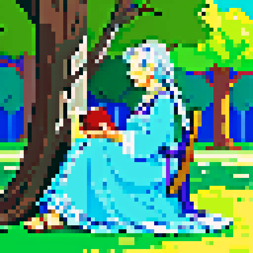 An old lady sitting under a tree, sleeping with a book in hand. She has one long silver braid. The image should be a profile showing her whole body from the side view.