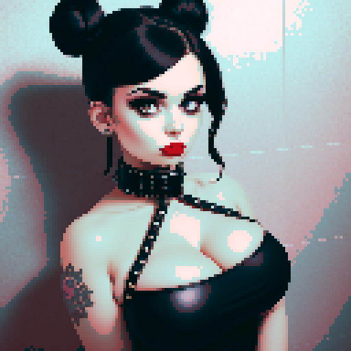 curvy, busty goth girl with studded collar, wearing halter top, hair in buns, in a full face portrait with a glamour shot aesthetic, against a moody tile backsplash, capturing an edgy pixel art style in sRGB