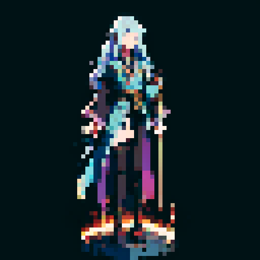 legendary anime girl wizard, floating above the ground, long flowing hair, dark and emo colors, glowing magical staff, intricate and ornate robes, intense and focused expression looking to the right, not wearing shoes, sparkling and shimmering background, sRGB