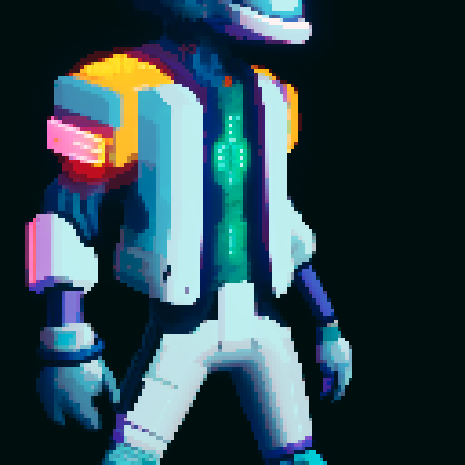 cyberpunk space trader sprite, pixel art, futuristic design, cybernetic arm with intricate detailing, glowing yellow-orange visor over the eyes, trench coat with glowing lines, blue and teal color palette with neon pink and yellow accents, distinct sci-fi aesthetic, confident posture, mid-step with arms extended