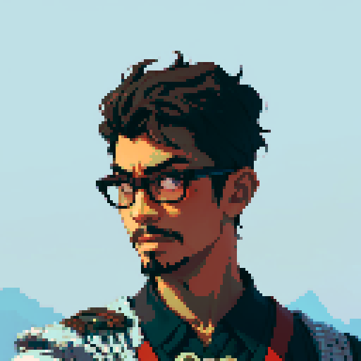 Southeast Asian man, short curly hair, round glasses, tanned, goatee