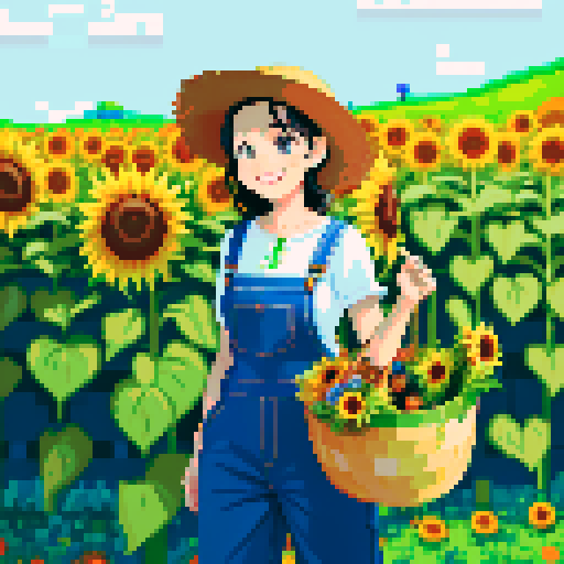 happy, female male farmer in pixel art style, black hair, surrounded by vibrant green fields, wearing worn-out denim overalls and a straw hat, holding a basket full of freshly harvested carrots and a bouquet of sunflowers, with a content smile on his face, standing next to a rustic wooden cart filled with colorful fruits and vegetables