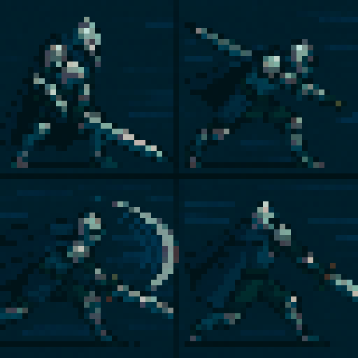 Knight in silver-gray armor, dark blue cape, large sword, 4 frames: Ready stance - standing sideways, sword handle in hands, sword tip touching ground vertically, Starting swing - body leaning forward, sword raised backwards and upwards, Powerful slash - body rotating 90 degrees, sword swiping horizontally, Ending pose - sRGB, pixel art, speed lines special effect