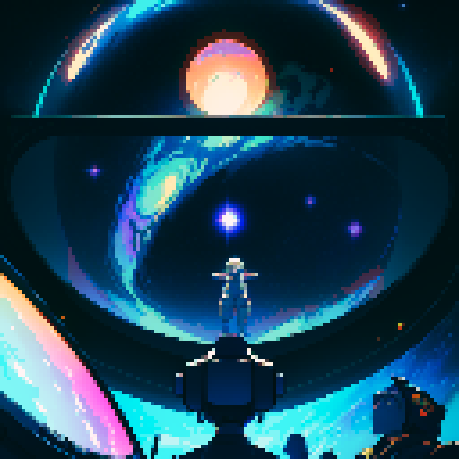 Starry space background, pixel art, glowing stars, retro-inspired, twinkling constellations, illuminated planets, cosmic hues, immersive depth, landscape with a computer terminal displaying "Stardust Reflections" and the main character's reflection on the screen