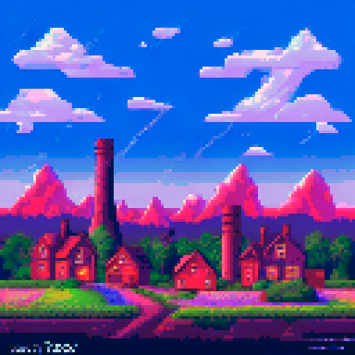 pastoral landscape, village, midnight, house with lights on and chimney, 