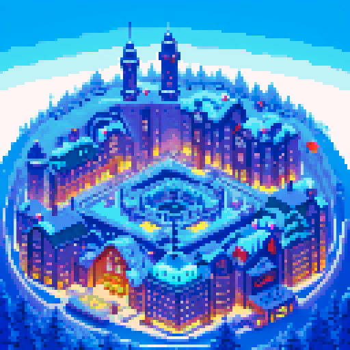 city in the woods, winterfell, futuristic buildings, pixel art, sRGB