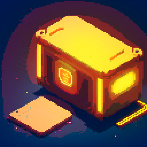 golden, glowing, lootbox, intricate details, futuristic lootbox, futuristic crate, pixel art style, sRGB