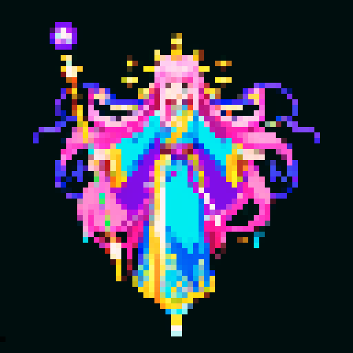 legendary anime girl wizard, long flowing hair, vibrant and dynamic colors, glowing magical staff, intricate and ornate robes, intense and focused expression looking to the right, not wearing shoes, sparkling and shimmering background, detailed and precise pixel art

