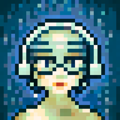 woman, dark hair, shoulder length, blue palette, close up, looking at camera, game icon, 32x32 pixel art, sRGB, skill art