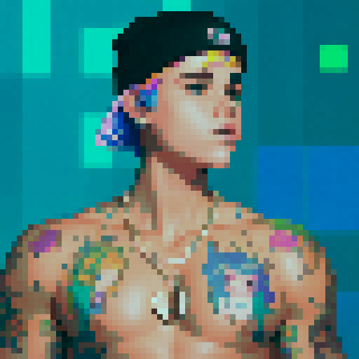 Justin Bieber with vibrant neon hair, wearing a retro 80s jacket covered in colorful pixel art patches, surrounded by a pixelated crowd of fans, against a backdrop of a pulsating sRGB color spectrum