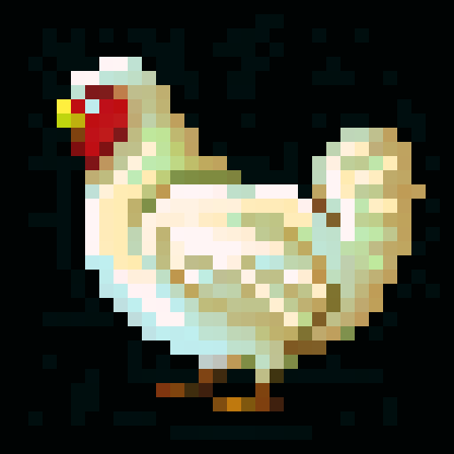 chicken, game icon, 32x32 pixel art, sRGB, skill art, close up, portrait, vibrant feathers, determined eyes, detailed beak, textured comb and wattle