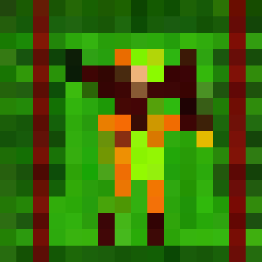 Green-hatted archer, poised with bow and arrow, stands in a mystical forest surrounded by towering trees, their leaves shimmering in the golden light of sunset, all captured in a stunning 16x16 pixel portrait.