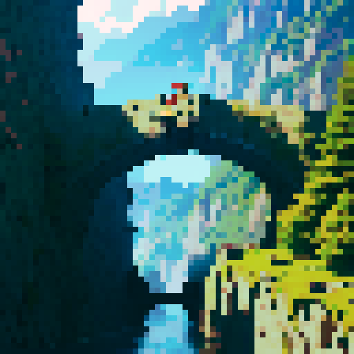 Tactical rpg fight on a stone bridge spanning a deep chasm, city walls to the left