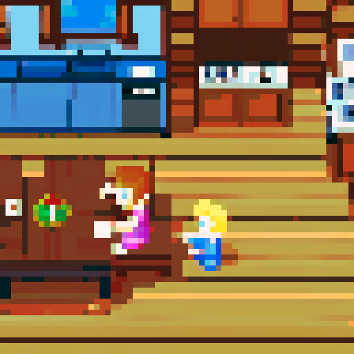 Cabin interior, table, kitchen, mother and son