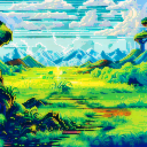 Glowing vines, pulsating with energy, wrap around a towering, gnarled tree with sparkling leaves, guarded by ethereal spirits wielding crackling lightning bolts in a pixel art landscape, with a background pulsing in sRGB hues