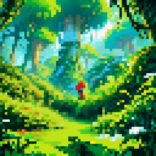 Snow covered jungle, towering jungle trees, thick vines, pixel art style, vibrant colors, intricate details, nostalgic aesthetic, sRGB color space