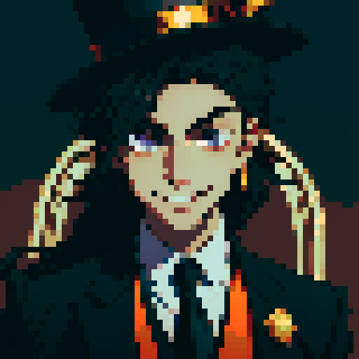 A Guy In A Black Formal Suit, With A Tie And Top Hat, And A Smile Mask Covering His Entire Face. Gold Details On The Suit. Anime Style