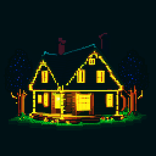 house with lights on near forest, night