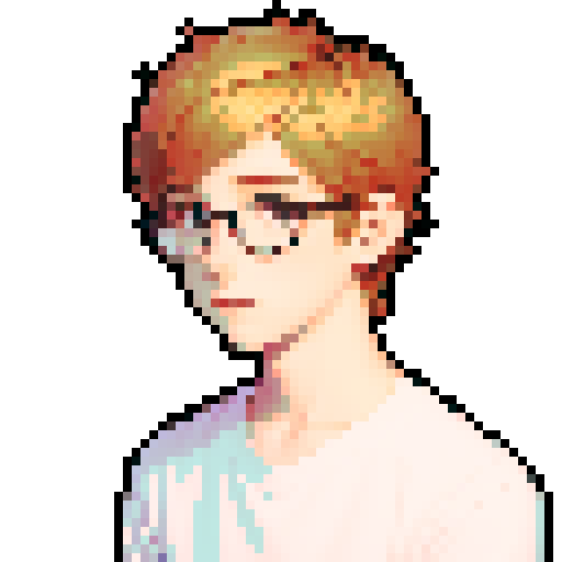 portrait, sprite art, young shy man, cozy, cute, light hair, soft eyes, neutral, curious, nerd