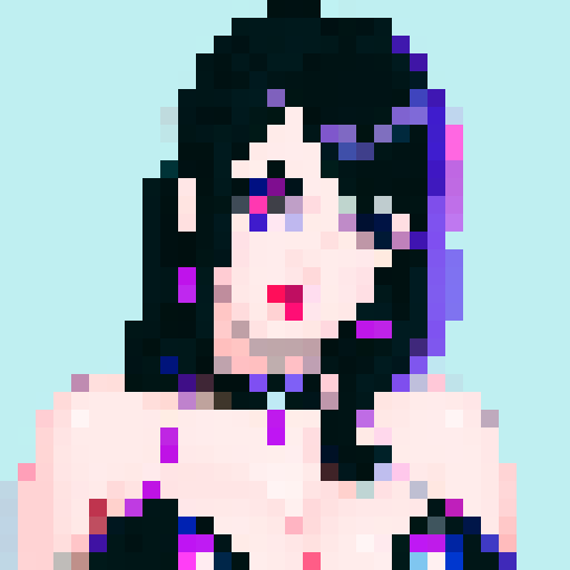 curvy, cute goth girl with black hair, wearing purple eyeshadow and red lipstick, in a pixel art glamour shot, with vibrant sRGB colors