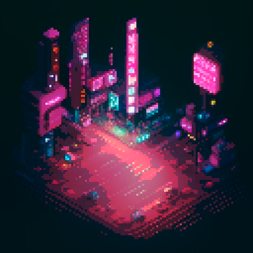isometric 3D anime girl hovering in street, Japanese cyberpunk, neon lights, futuristic cityscape, dark colors, pixel art