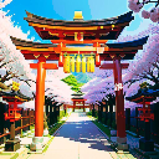 shiny onyx shinto shrine, vibrant cherry blossom trees, traditional architecture with intricate details, shinto torii gate adorned with shiny onyx decorations, a pixel art shiny onyx cuboid positioned behind the gate, shiny onyx lanterns illuminating the scene in sRGB colors