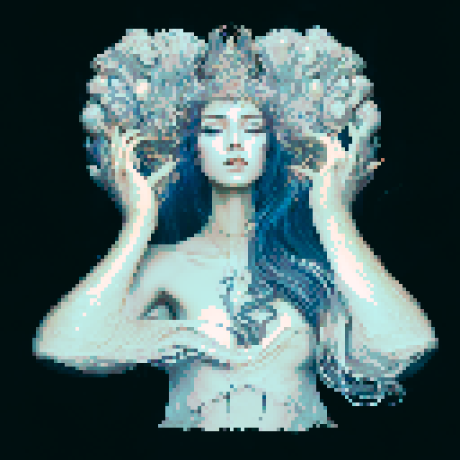 Create a close-up image of a mermaid with a crown in a medieval dark style, with her face partially submerged underwater. Half of her face is above the water's surface, revealing her beautiful features. The crown should have an ethereal, shimmering quality, adding to her majestic presence.