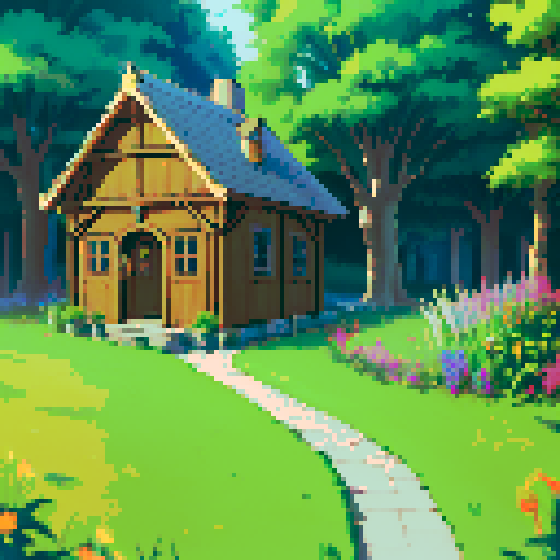 "Create an intricate pixel art map for a top-down 2D RPG, depicting the layout of Verdant Vale, the starting area of the game 'Chronicles of the Arcane Grid'. The map should feature a quaint fantasy village surrounded by lush green forests, with a clear, winding path leading through it. Include distinct areas such as a village square with market stalls, a mystic's cottage on the outskirts, and a central training ground. The map should show details like trees, houses, a fountain, and small fields